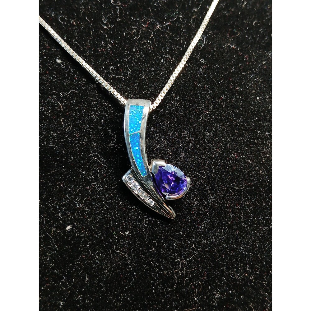 Anne Klein Sterling Silver Opal CZ Pendant Necklace 925 Italy Chain 18"